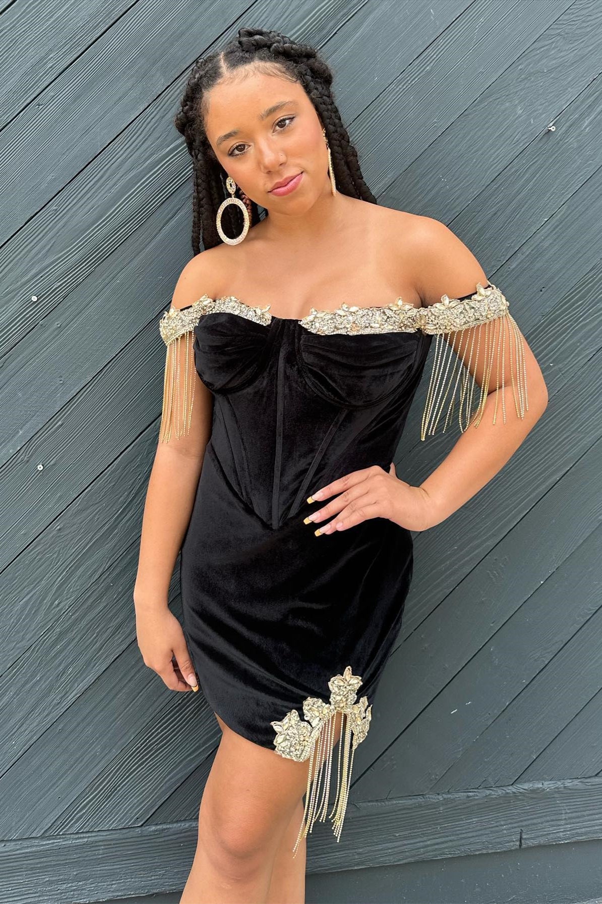 Black Beaded Velvet Off-the-Shoulder Sheath Homecoming Dress with Tassels