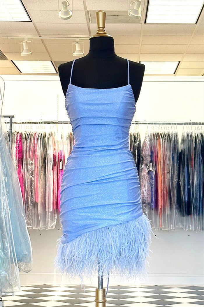 Light Blue Lace-Up Sheath Homecoming Dress with Feathers