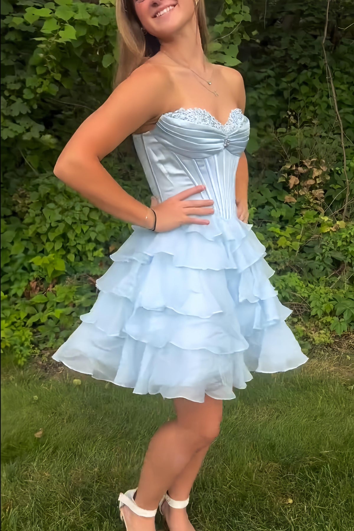 Light Blue Ruched Corset A-line Short Ruffle Dress