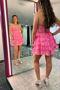 Hot Pink Appliques Chiffon Tiered Short Homecoming Dress