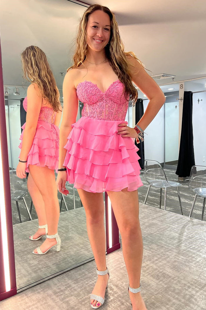 Hot Pink Appliques Chiffon Tiered Short Homecoming Dress