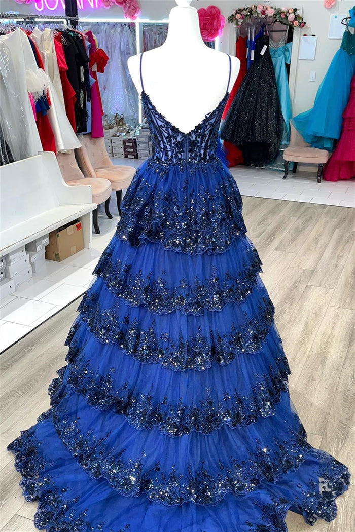 Royal Blue Floral Multi-Layers Sequined Straps Long Prom Dress