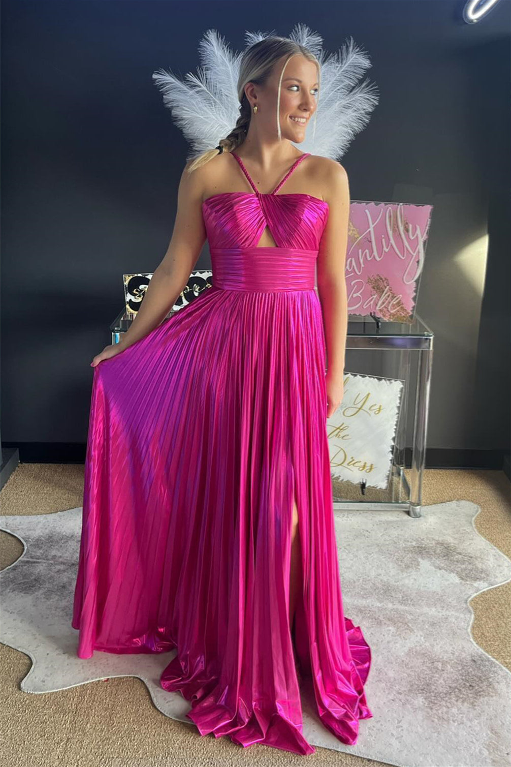 Fuchsia Spaghetti Straps Metallic Keyhole Long Prom Dress with Slit