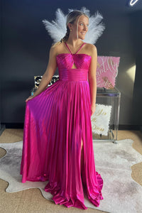 Fuchsia Spaghetti Straps Metallic Keyhole Long Prom Dress with Slit