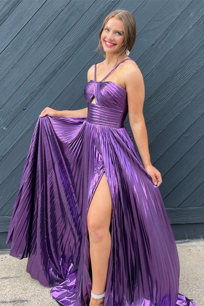 Purple Spaghetti Straps Metallic Keyhole Long Prom Dress with Slit