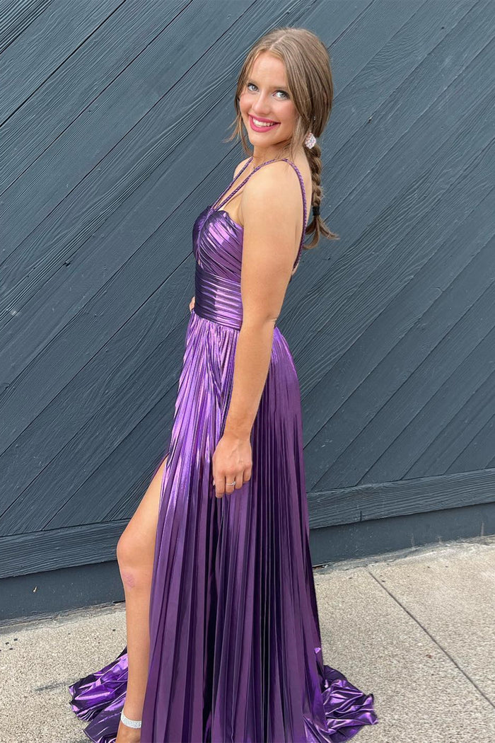 Purple Spaghetti Straps Metallic Keyhole Long Prom Dress with Slit