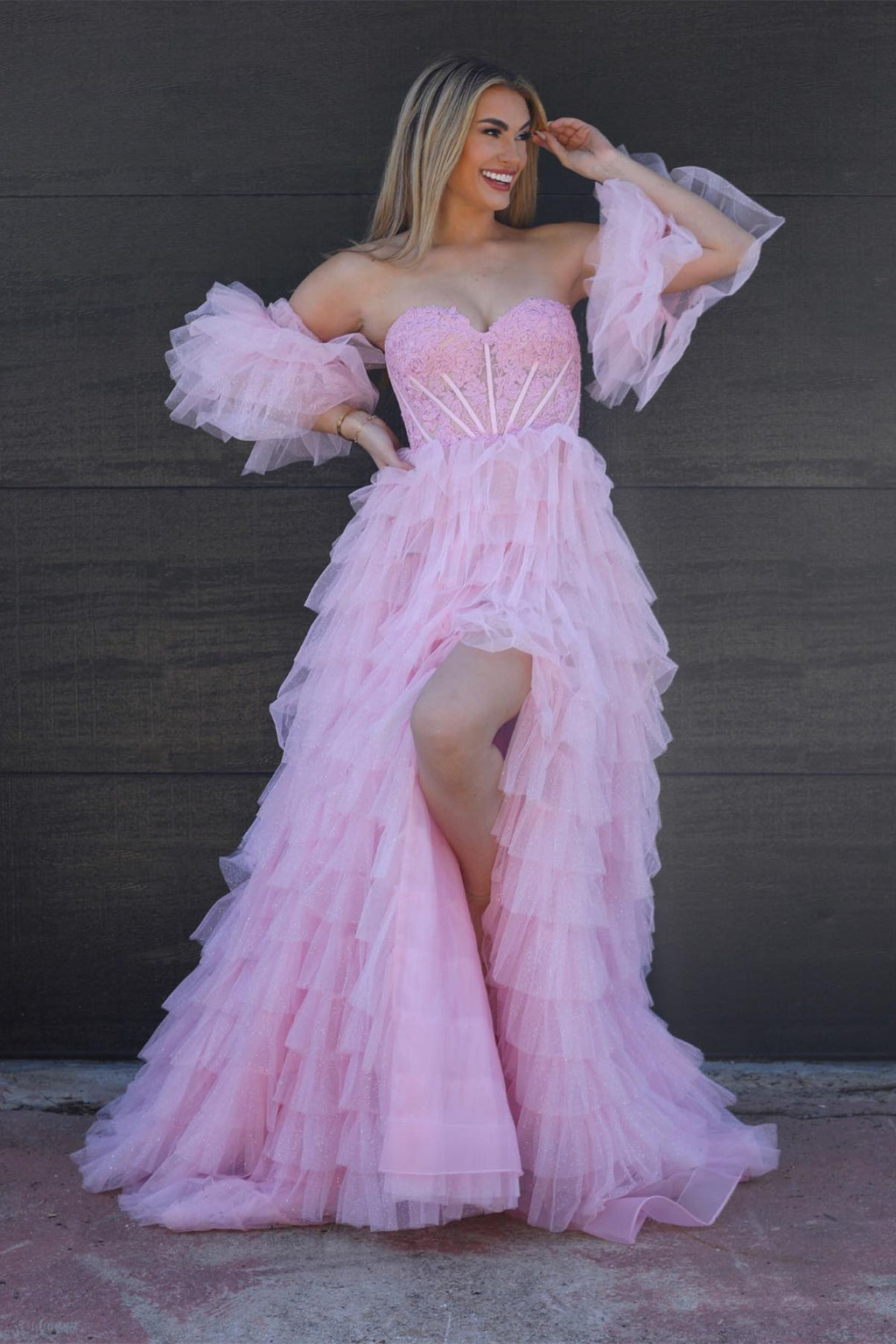 A-Line Sweet Pink Off-the-Shoulder Bustier Feather Prom Gown – Modsele