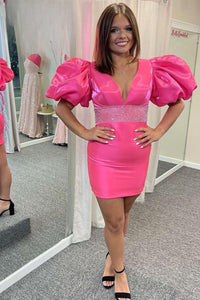 Hot Pink Plunging V Neck Puff Sleeves Beaded Sheath Homecoming Dress