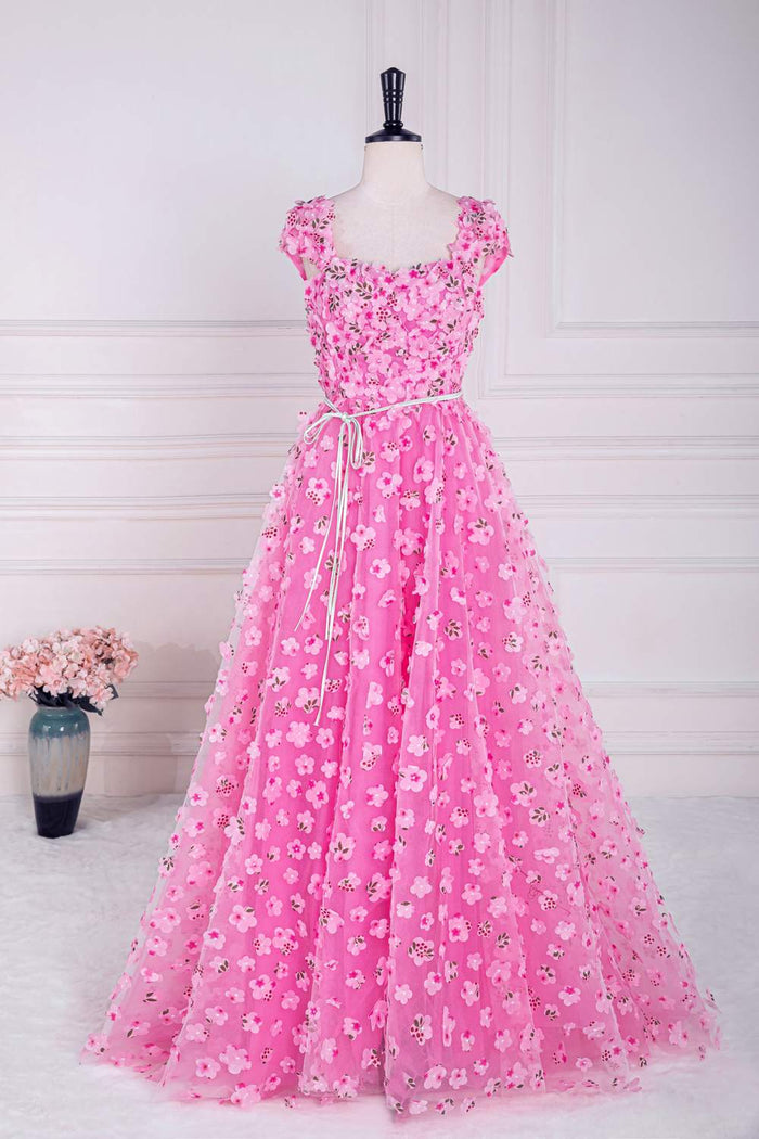 Pink 3D Floral Appliques A-line Long Prom Dress with Sash
