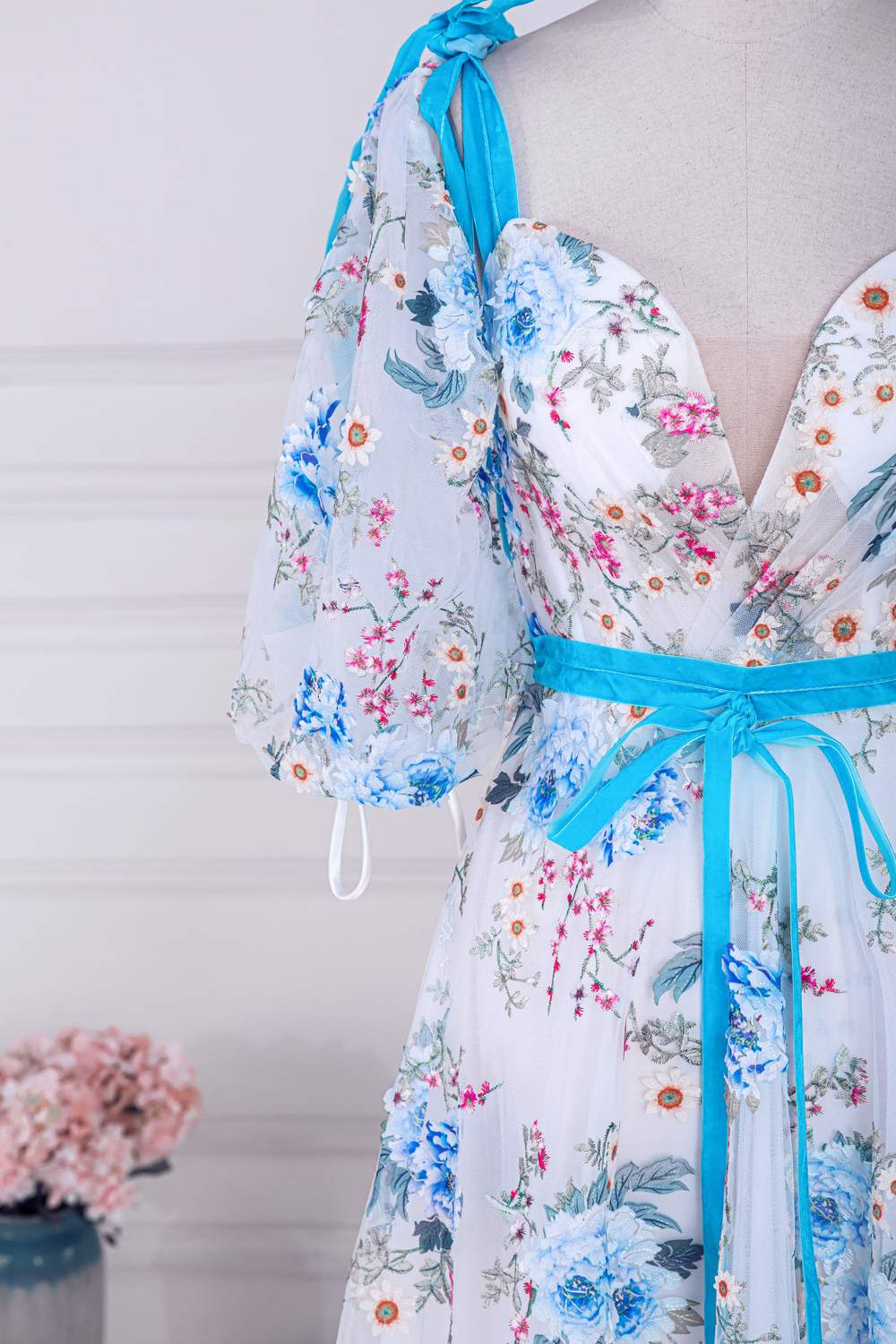 Blue and White Floral Bow Tie Straps A-line Long Prom Dress with Slit
