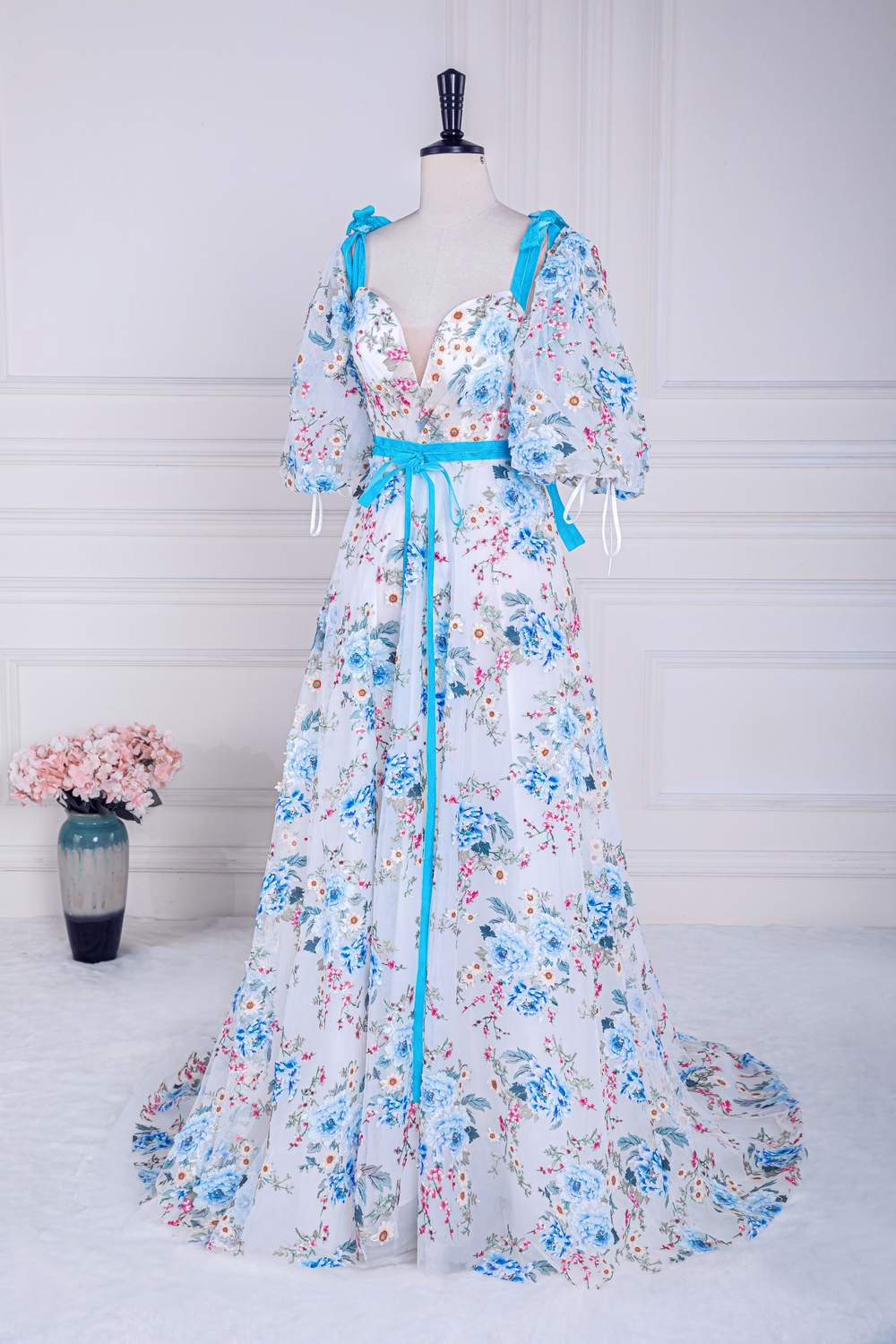 Blue and White Floral Bow Tie Straps A-line Long Prom Dress with Slit