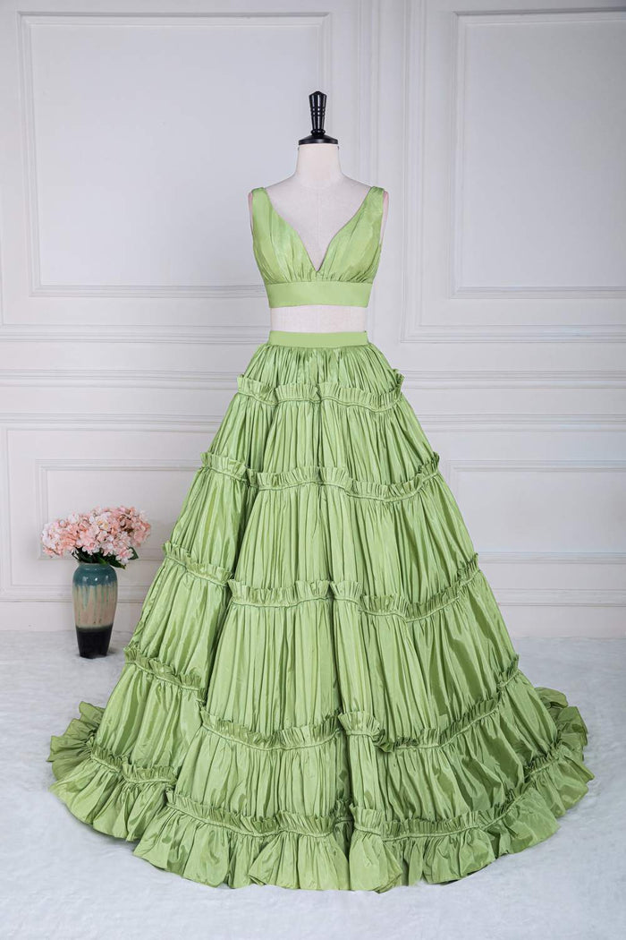 Green Two-Picec Ruffled A-line Long Prom Dress