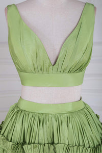 Green Two-Picec Ruffled A-line Long Prom Dress