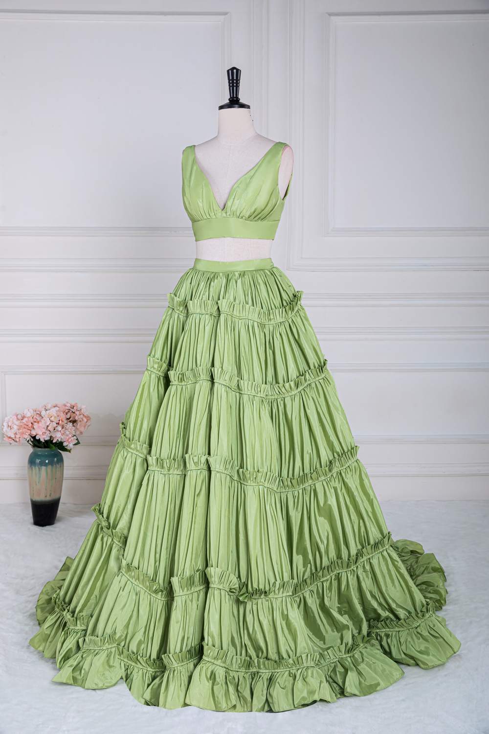 Green Two-Picec Ruffled A-line Long Prom Dress