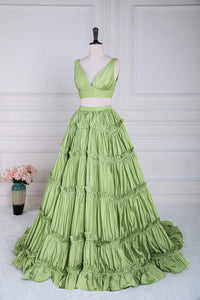 Green Two-Picec Ruffled A-line Long Prom Dress