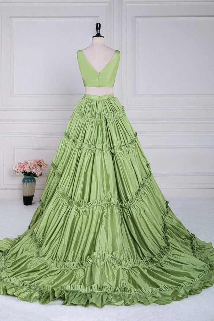 Green Two-Picec Ruffled A-line Long Prom Dress