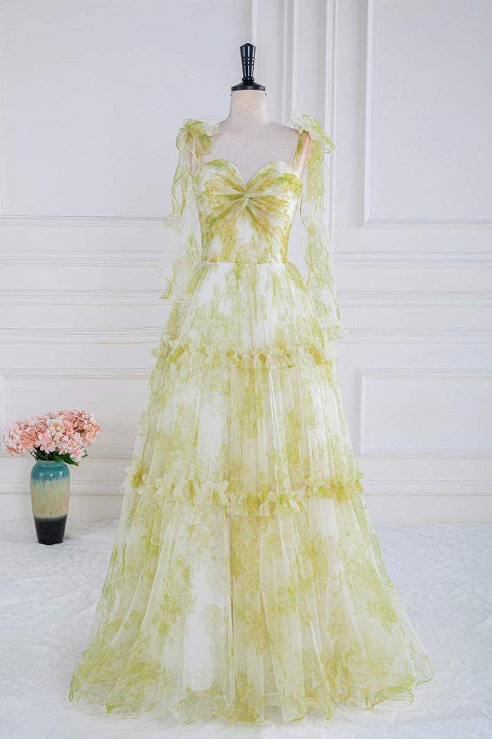 Light Yellow Floral Bow Tie Straps Ruffled A-line Long Prom Dress