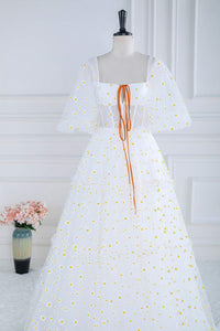 White Daisy Embroidery Puff Sleeves A-line Long Prom Dress