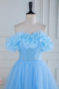 Light Blue Flowers Off-Shoulder A-line Long Prom Dress with Slit