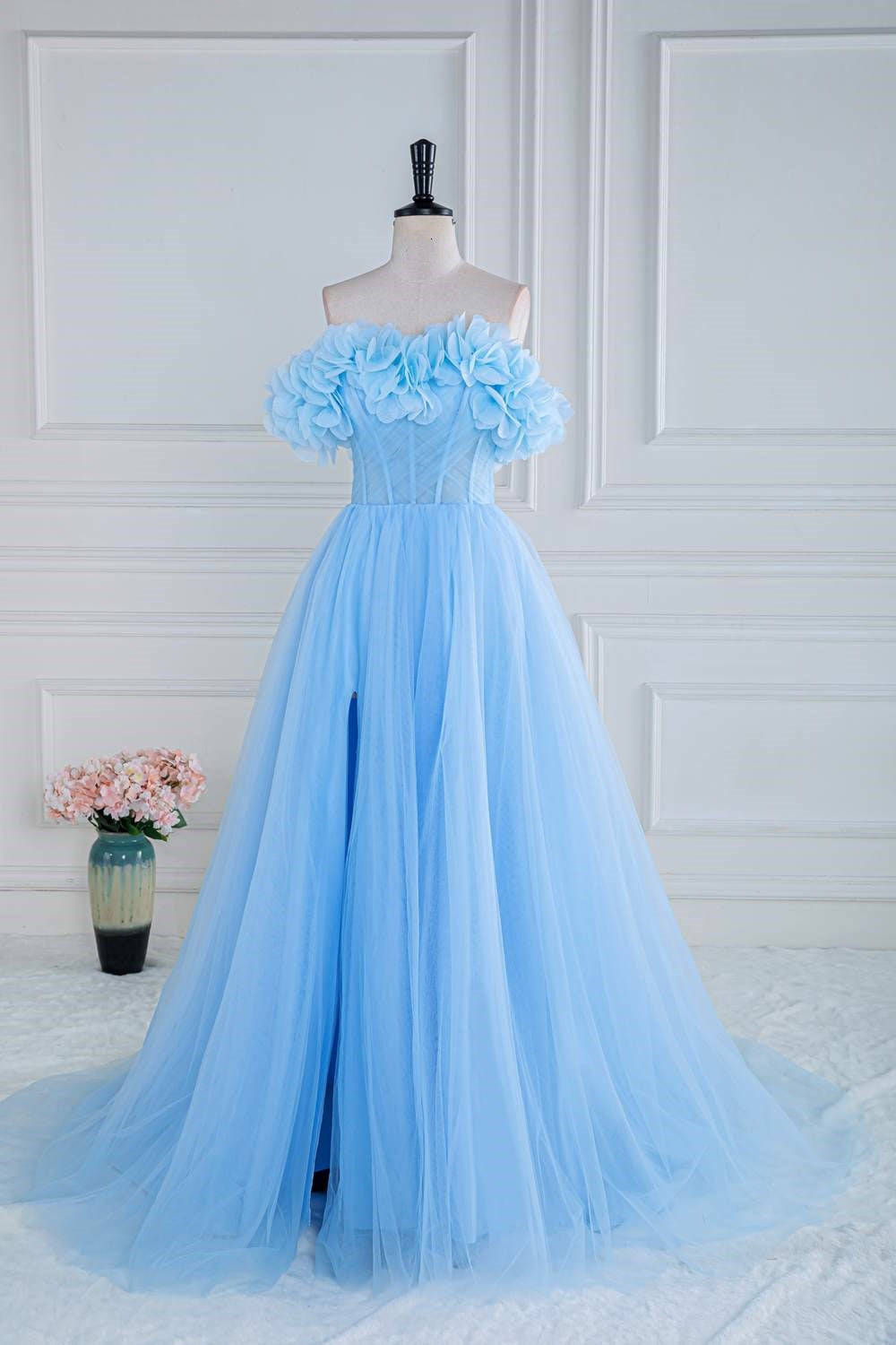 Light Blue Flowers Off-Shoulder A-line Long Prom Dress with Slit –  Dreamdressy