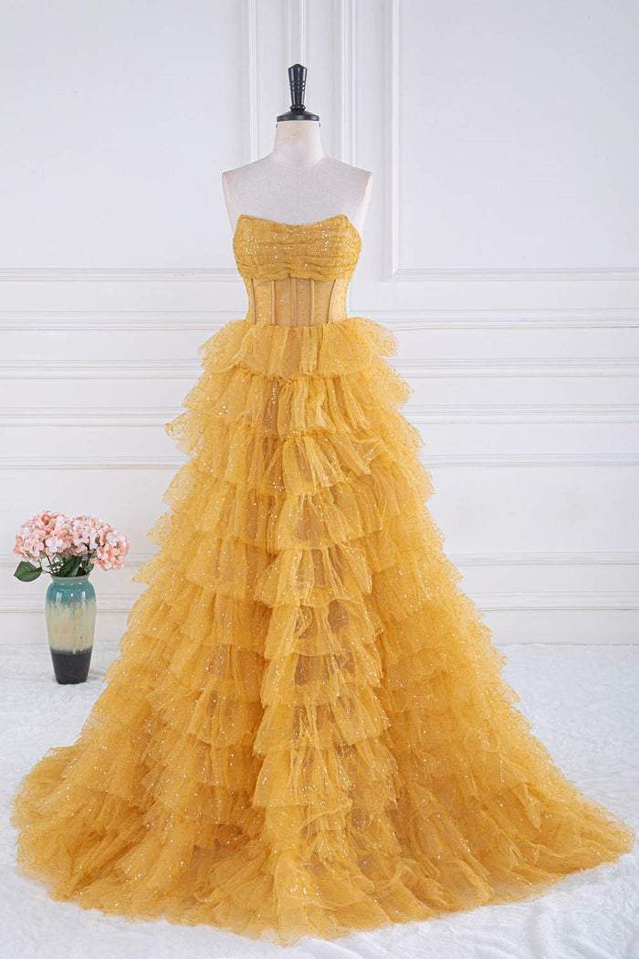 Sparkly Yellow Strapless Layers A-line Long Prom Dress