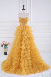 Sparkly Yellow Strapless Layers A-line Long Prom Dress