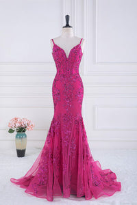 Fuchsia Spaghetti Straps Mermaid Sequined Embroidery Long Prom Dress