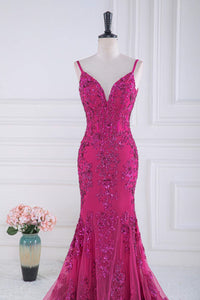 Fuchsia Spaghetti Straps Mermaid Sequined Embroidery Long Prom Dress