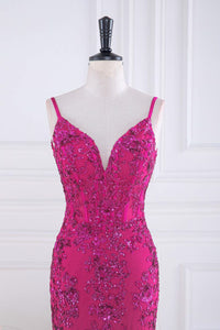 Fuchsia Spaghetti Straps Mermaid Sequined Embroidery Long Prom Dress