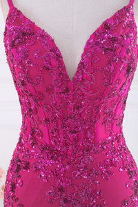 Fuchsia Spaghetti Straps Mermaid Sequined Embroidery Long Prom Dress