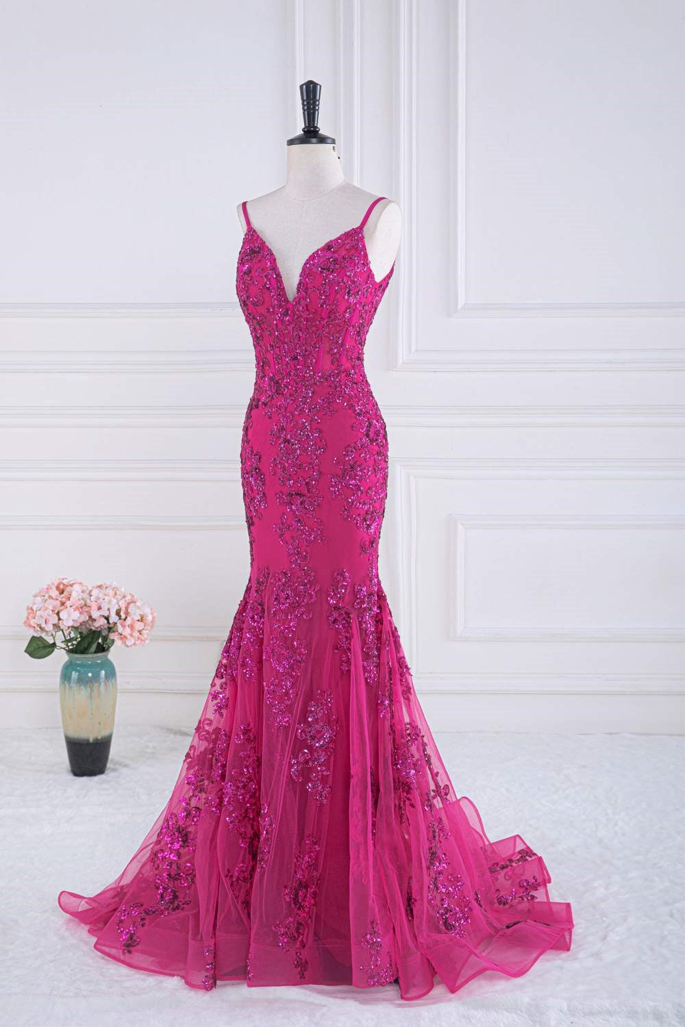 Fuchsia Spaghetti Straps Mermaid Sequined Embroidery Long Prom Dress