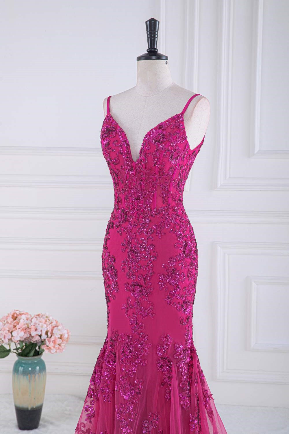 Fuchsia Spaghetti Straps Mermaid Sequined Embroidery Long Prom Dress