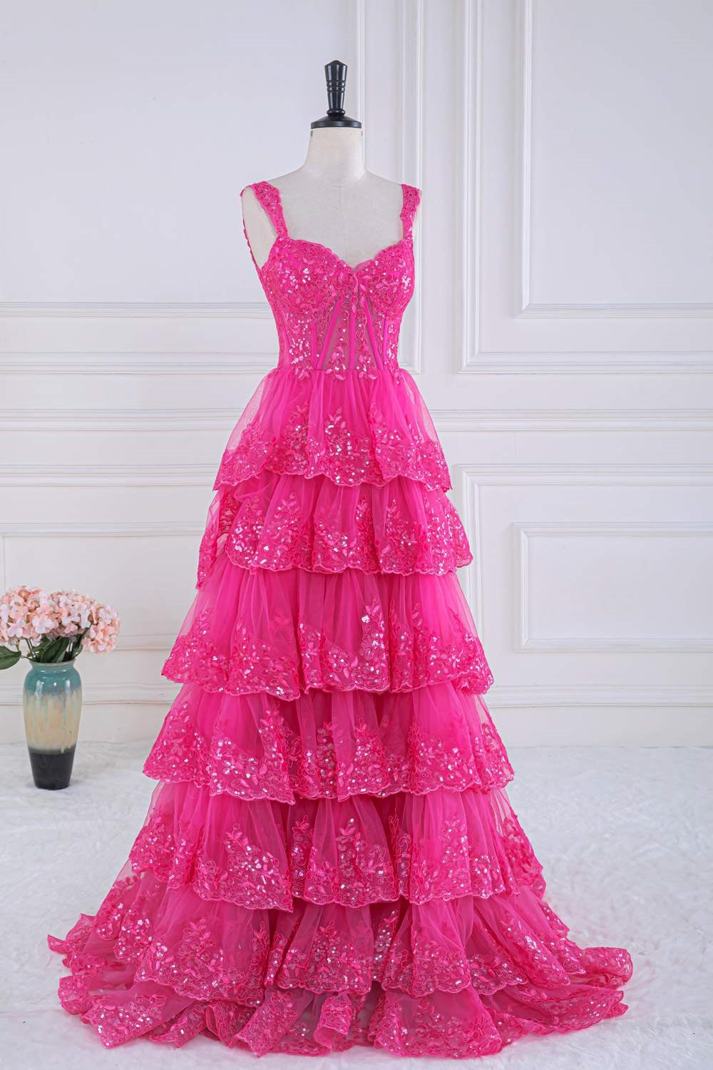 Hot Pink Sequined Floral Layers Long Prom Dress – Dreamdressy