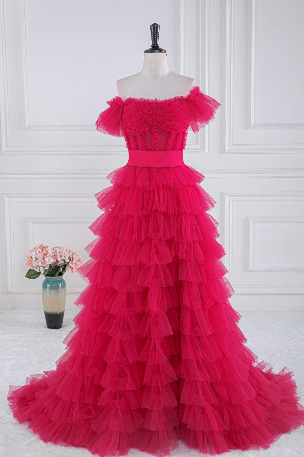 Fuchsia Off-Shoulder Layers Ruffled A-line Long Prom Dress