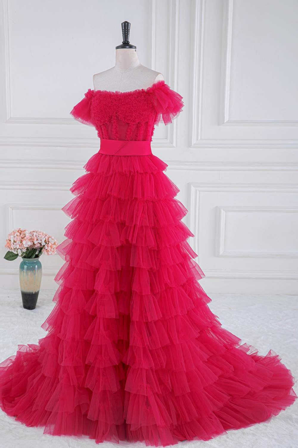 Fuchsia Off-Shoulder Layers Ruffled A-line Long Prom Dress