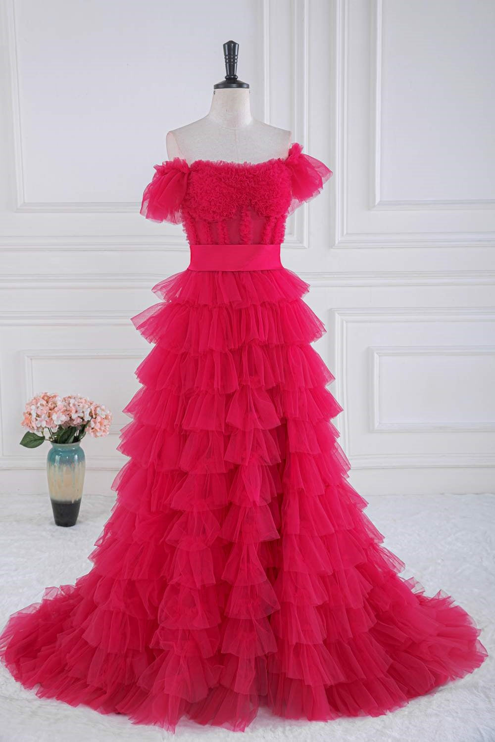 Fuchsia Off-Shoulder Layers Ruffled A-line Long Prom Dress