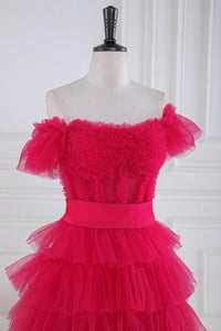 Fuchsia Off-Shoulder Layers Ruffled A-line Long Prom Dress