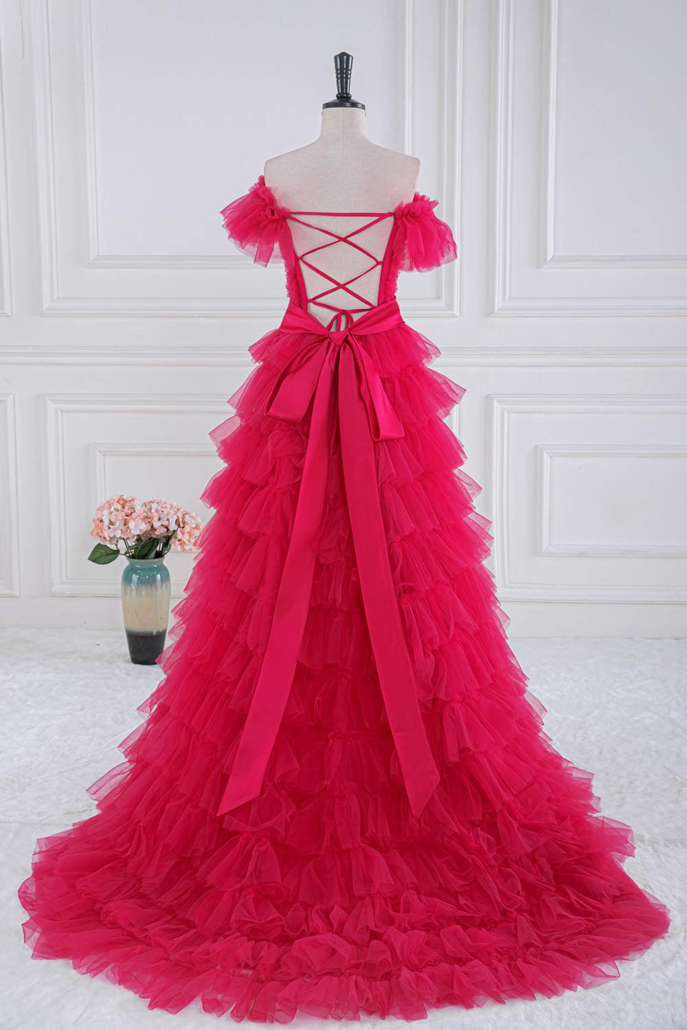 Fuchsia Off-Shoulder Layers Ruffled A-line Long Prom Dress