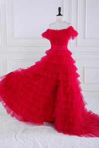 Fuchsia Off-Shoulder Layers Ruffled A-line Long Prom Dress