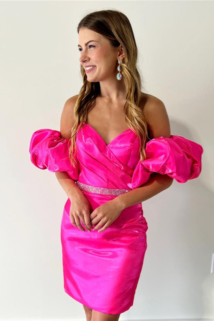 Fuchsia Strapless Surplice Sheath Beaded Homecoming Dress with Detachable Sleeves