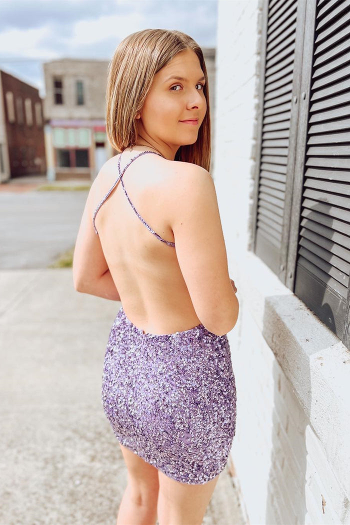 Lavender Crossed Back Sequins Sheath Homecoming Dress