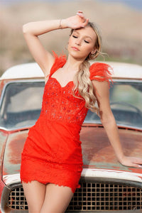 Orange Sheath Beaded Homecoming Dress with Feathers