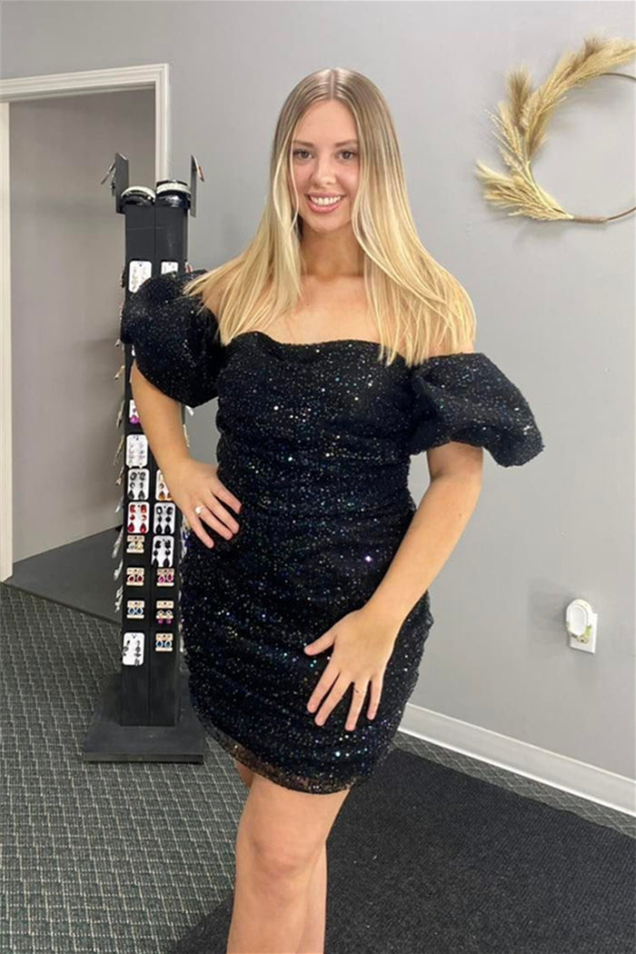 Black off-the-Shoulder Puff Sleeves Sequins Sheath Homecoming Dress