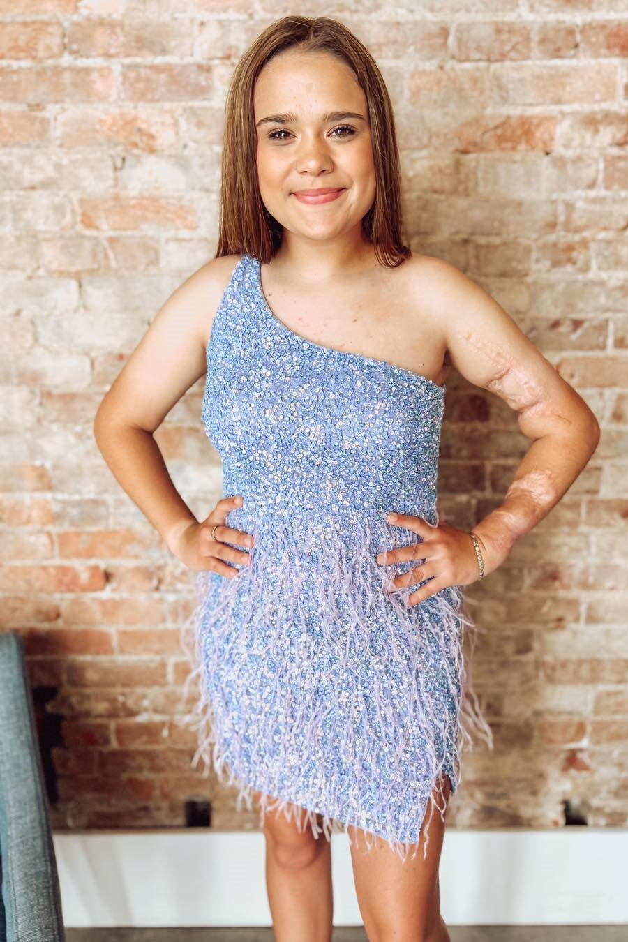 Light Blue Sequins One Shoulder Feathers Sheath Homecoming Dress