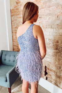 Light Blue Sequins One Shoulder Feathers Sheath Homecoming Dress