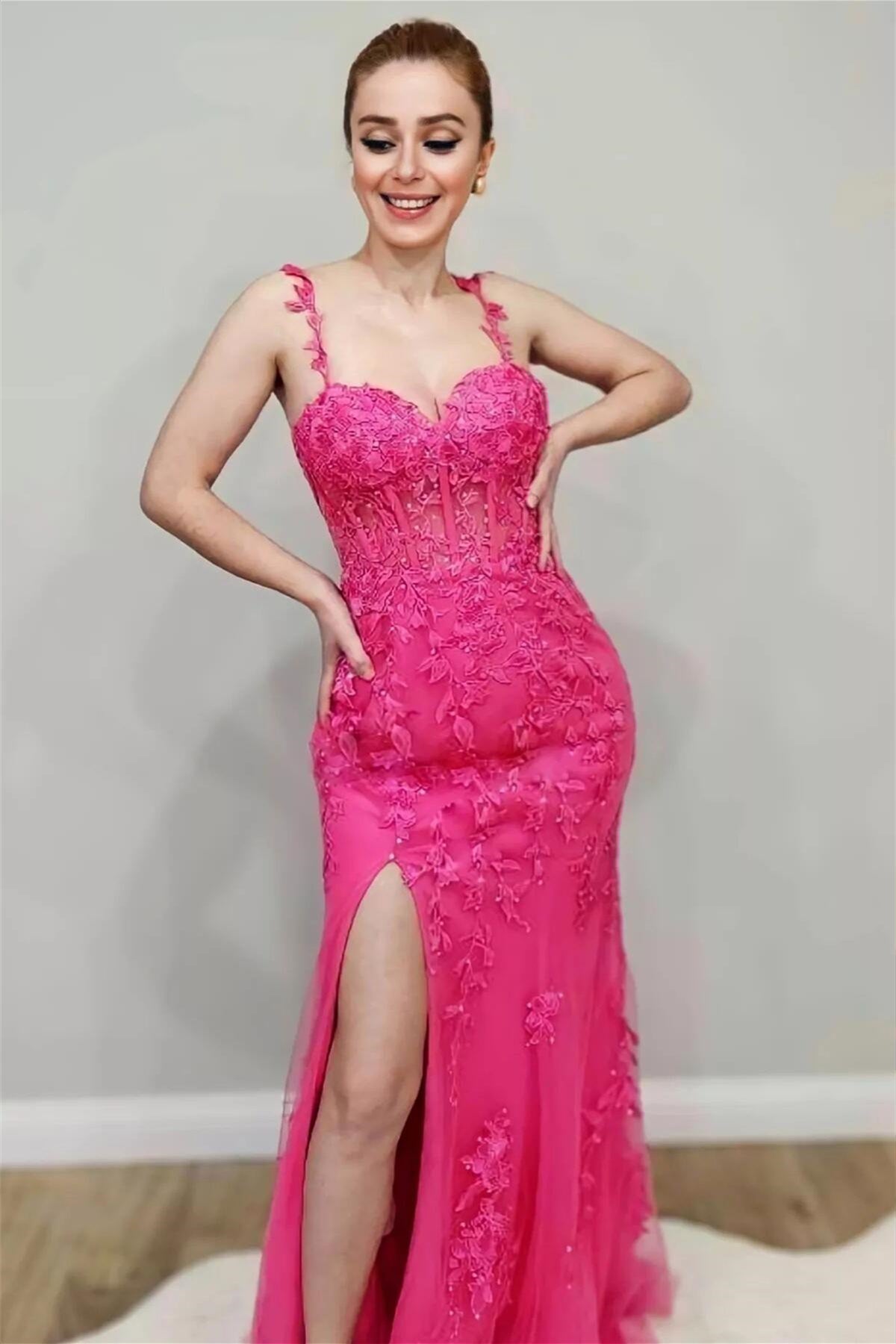 Hot Pink Floral Straps Mermaid Long Prom Dress with Slit