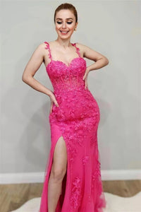 Hot Pink Floral Straps Mermaid Long Prom Dress with Slit