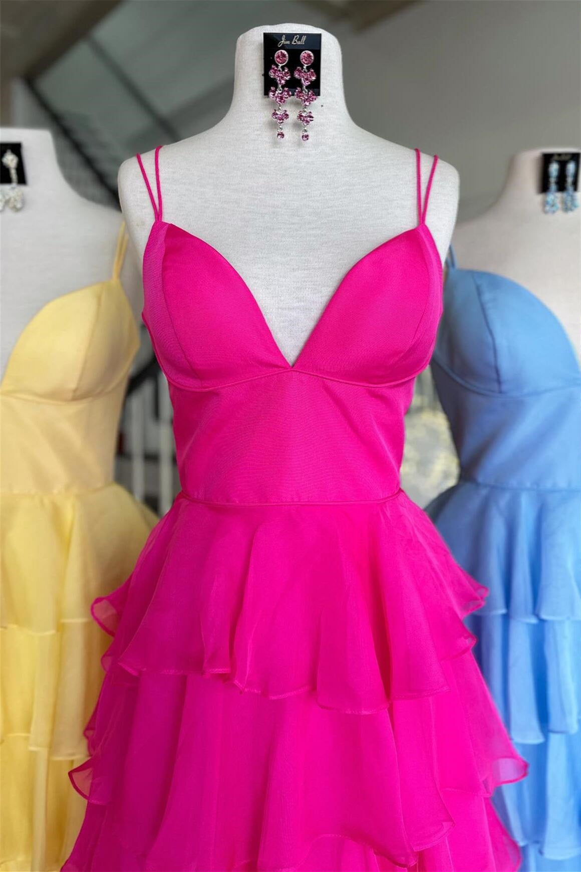 Fuchsia Straps A-line Layers Long Prom Dress