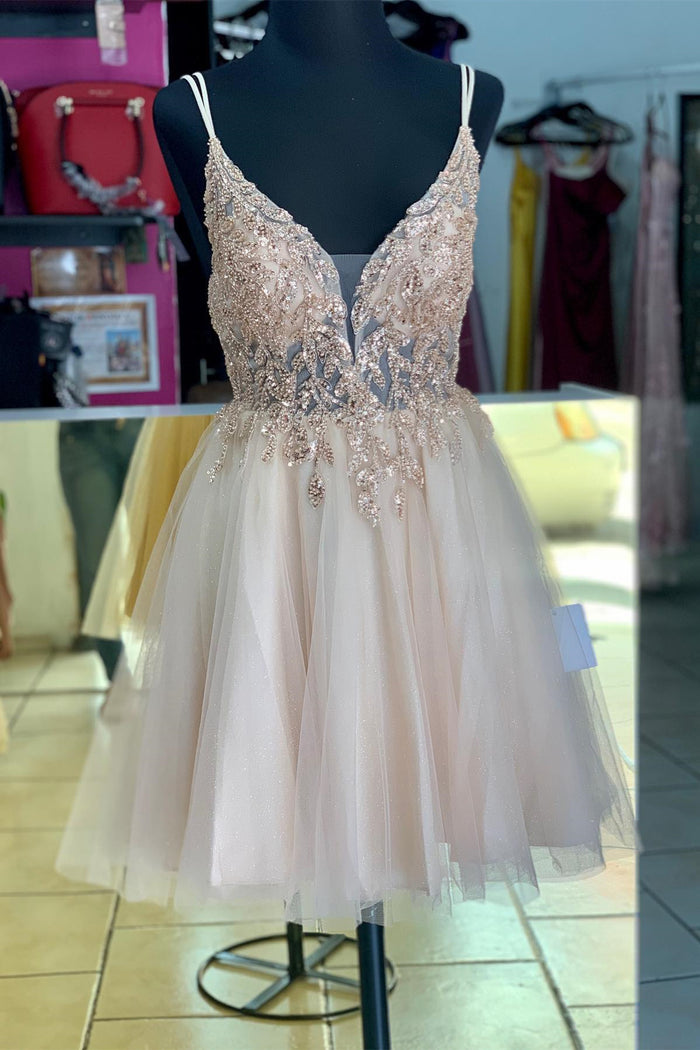 Blush Pink Straps Deep V Neck Appliques Tulle Homecoming Dress