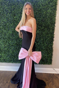 Strapless Black Mermaid Long Formal Dress with Pink Bow